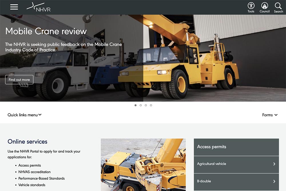 Home page of the NHVR